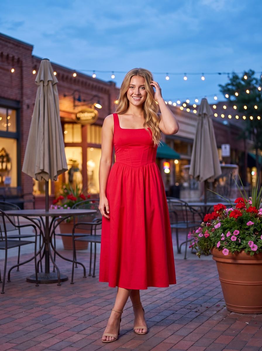 Dinner: red midi dress in Old Town at blue hour